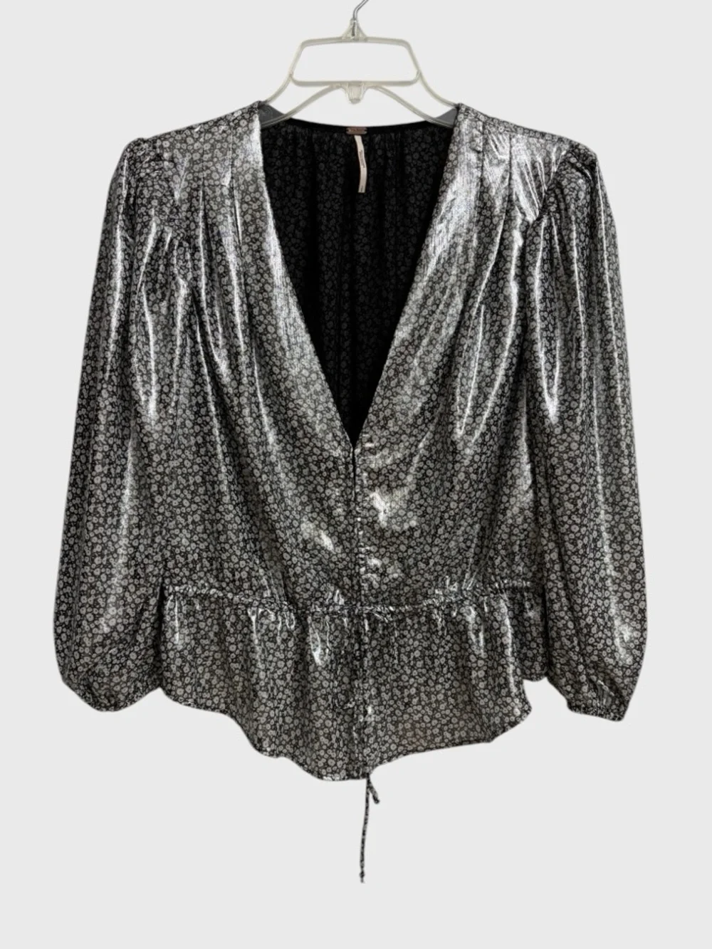 Free People Small Talk That Talk Metallic Silver Floral Top Blouse Size S Disco